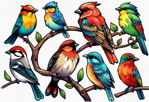 Seven small, colorful birds tattoo idea