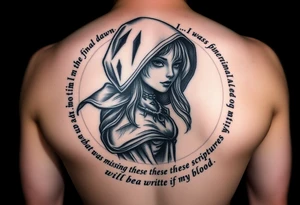 Gothic girl with a cape on in demi light circled around with these lyrics " I am the final dawn I am the flood and what was missing from those scriptures will be written in my blood" tattoo idea