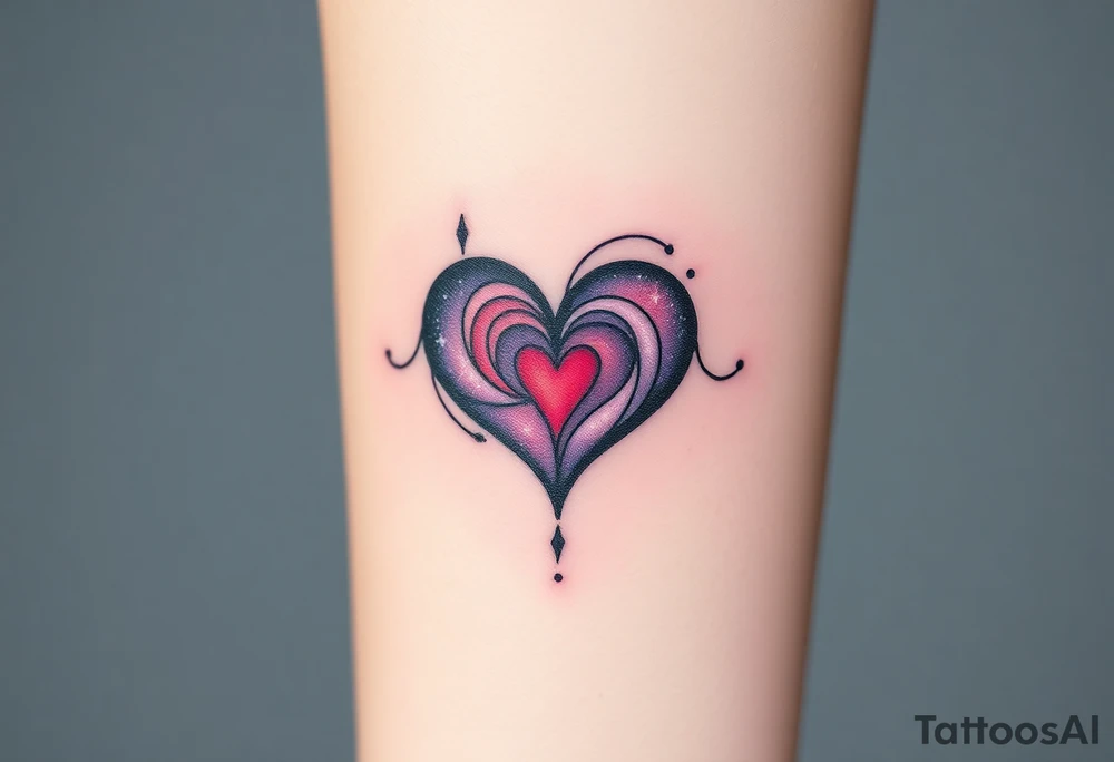 One fully depicted infinity symbol and heart made of swirling galaxy patterns at its end tattoo idea