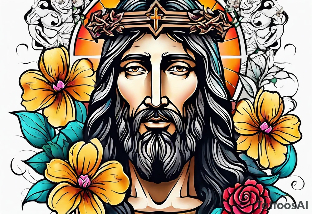 Jesus head with flowers and cross tattoo idea