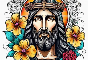 Jesus head with flowers and cross tattoo idea