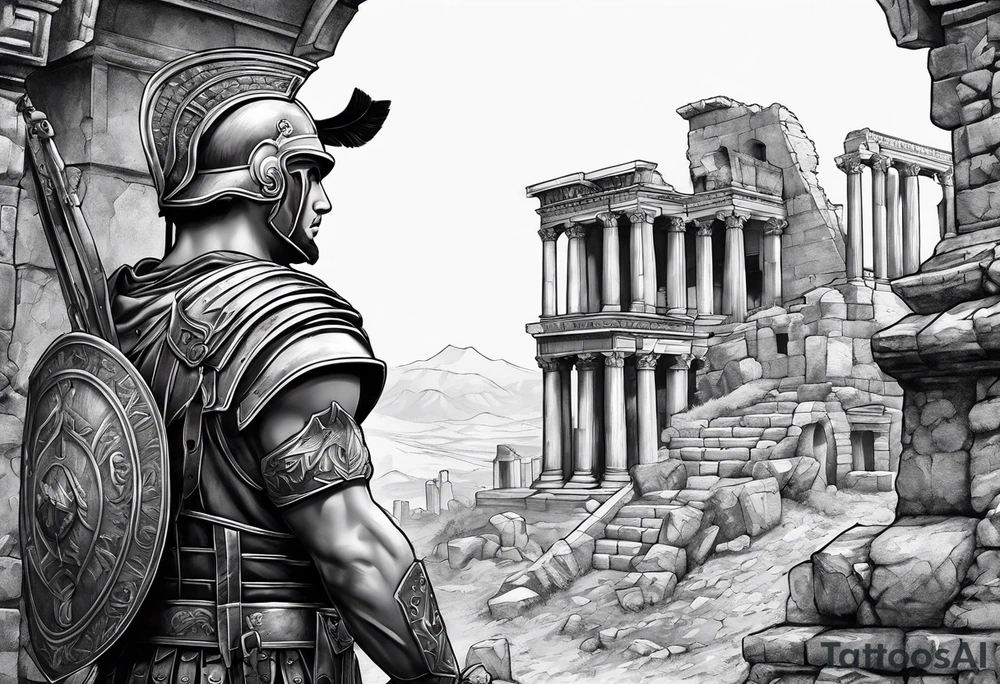 Roman Solider looking at ruins tattoo idea