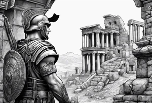 Roman Solider looking at ruins tattoo idea