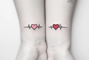 A heartbeat line turning into a pink heart on one and a matching red heart fading into a heartbeat on the other. tattoo idea