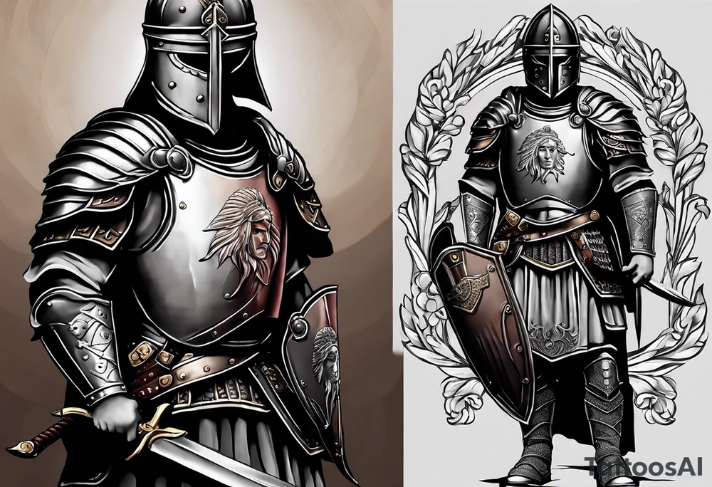 a roman soldier from AD 60, wearing armor which must include an armoured belt, breastplate, armoured shoes, shield, helmet and sword.
the soldier must look strong. the soldier is faceless. The image must include the full person, not just the top half tattoo idea