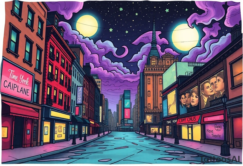 Tim Burton’s new york time square from outside view is the street abandoned and dripping with muted reds, dusty pinks, and eerie green glow purple and cyan smokey clouds swirl and dance in the moonlit night sky filled with twinkling stars  tattoo idea tattoo idea