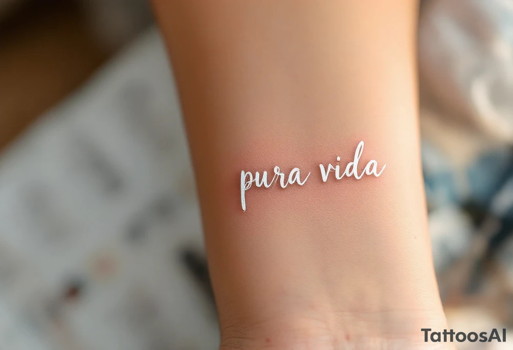 “Pura Vida” in white ink across a tan skin tone, with subtle shadowing for a sun-kissed effect. tattoo idea