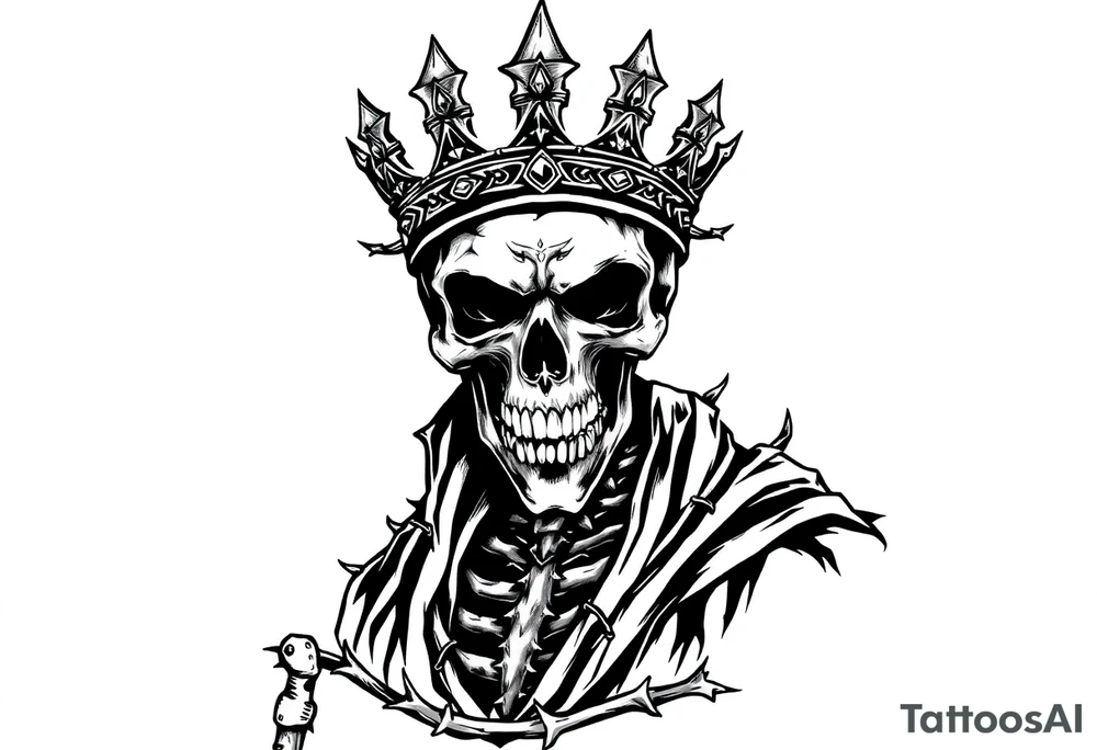 A crowned skeletal warrior, cloaked in shadows and thorns. tattoo idea