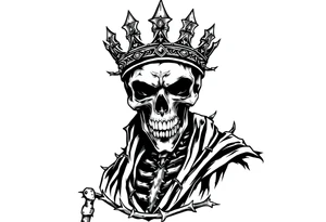 A crowned skeletal warrior, cloaked in shadows and thorns. tattoo idea