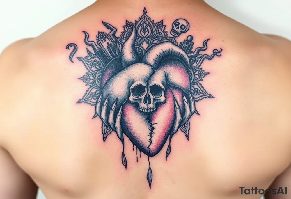 A heart that's half broken holding on by a thread and cracked with mandala art around it a city behind it 3 baby hands smoke and demons a skull floating showing it's a single mom just trying to get by tattoo idea