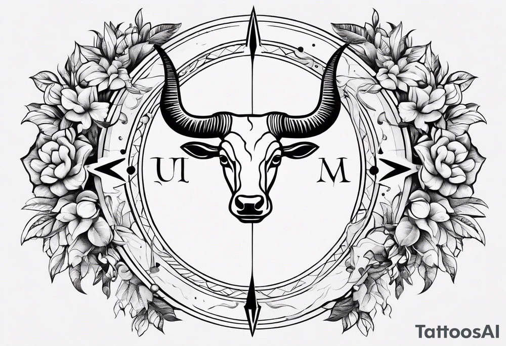 Half Taurus symbol Half Gemini symbol, split down the middle by an arrow. Astrology tattoo idea