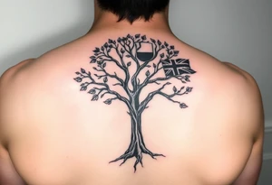 Tree with leaves that are country flags from Prussia,  Ireland, wales, scotland, England, and catawba tribe tattoo idea