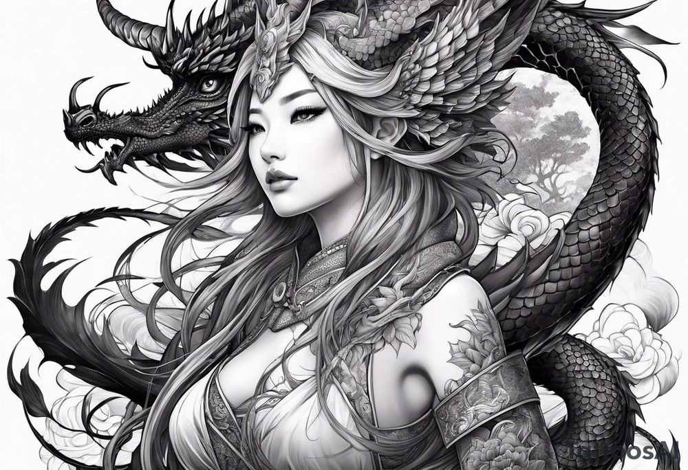 beautiful warrior nymph with dragon wings and dragon friend tattoo idea