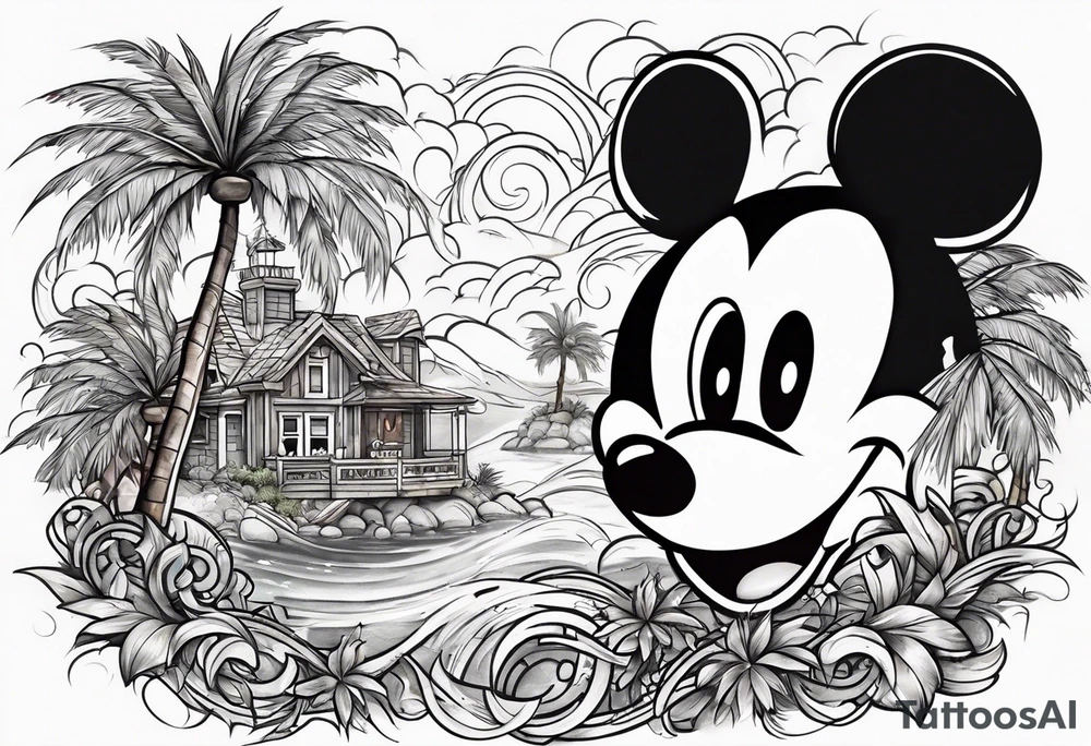 mickey mouse in a lightning storm with palm trees and the celtic symbol for family tattoo idea