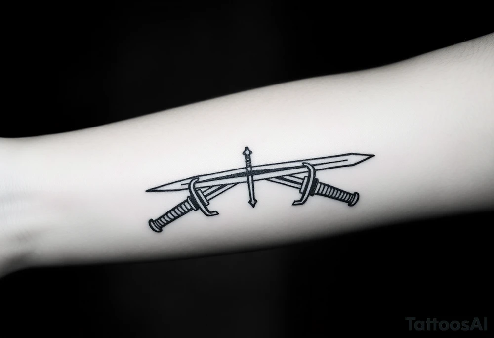 Two swords laying flat on each other with a decent design on them and with a cross or something on the handle of them tattoo idea