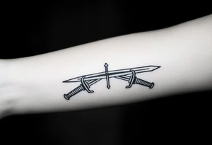 Two swords laying flat on each other with a decent design on them and with a cross or something on the handle of them tattoo idea