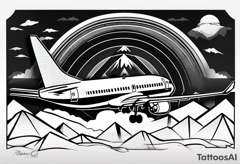 boeing 737 silhouette viewed from infront of the plane, and the silhouette is filled in with mountain scenery, and has a thin black lined border in an oblong diamond shape tattoo idea
