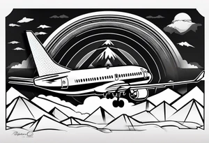 boeing 737 silhouette viewed from infront of the plane, and the silhouette is filled in with mountain scenery, and has a thin black lined border in an oblong diamond shape tattoo idea