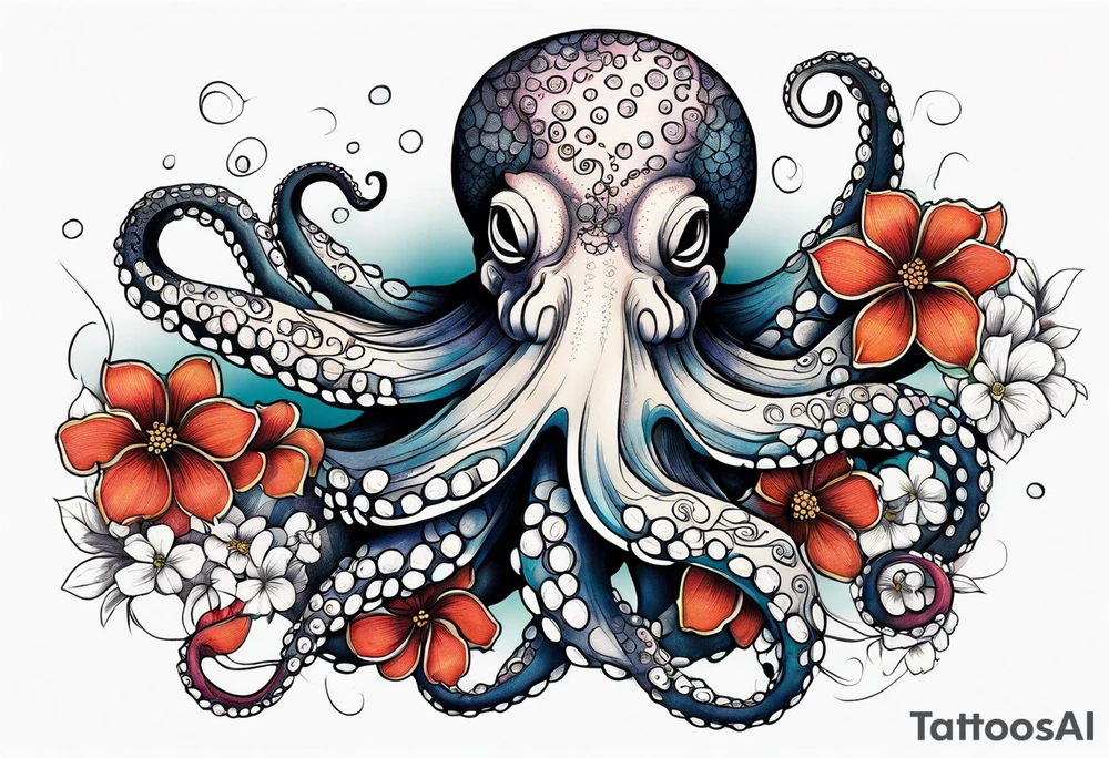 octopus holding flowers tattoo idea