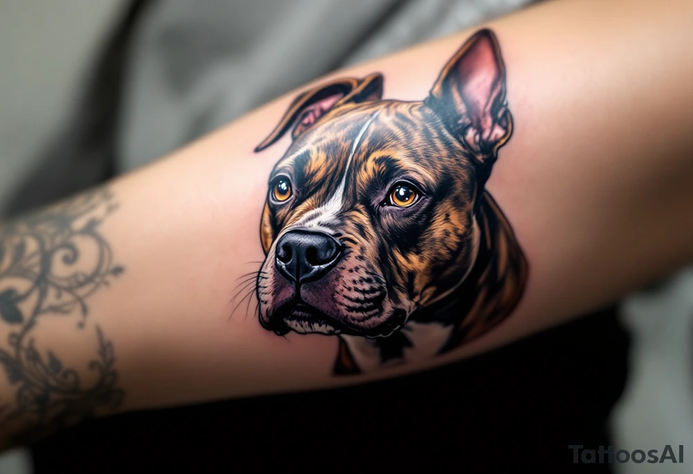 Color Realism Stafford – A full-color tattoo of a brindle Staffordshire Bull Terrier with realistic brown, tan, and black coat shading and piercing amber eyes. tattoo idea