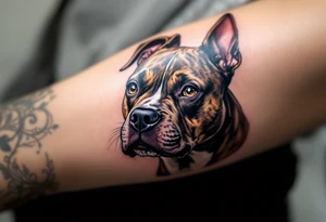 Color Realism Stafford – A full-color tattoo of a brindle Staffordshire Bull Terrier with realistic brown, tan, and black coat shading and piercing amber eyes. tattoo idea