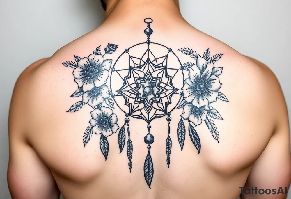 Boho dream catcher with gothic compass and hourglass. Beautiful flowers and an ornamental chandelier like look tattoo idea