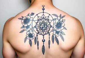 Boho dream catcher with gothic compass and hourglass. Beautiful flowers and an ornamental chandelier like look tattoo idea