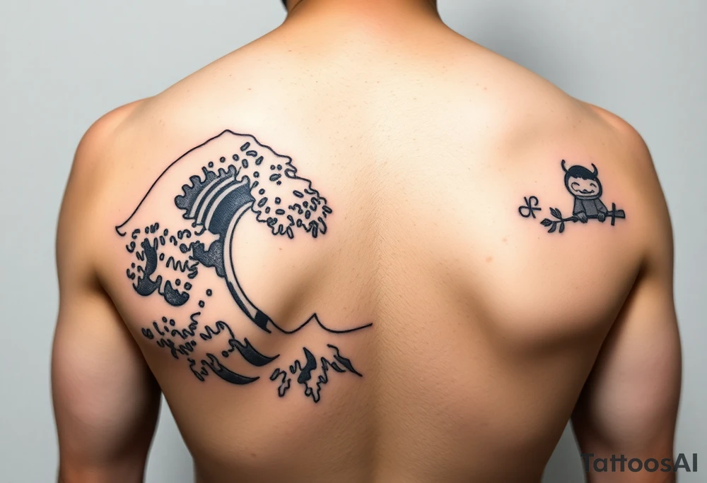 Kokeshi with great wave kimono tattoo idea