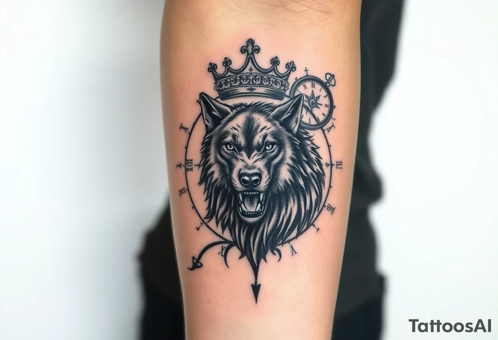 Artistic tattoo design with a powerful wolf in the center, a cracked crown tilted above its head, a vintage clock with Roman numerals and a compass blended in the background. Black and gray shading, realistic yet symbolic style, designed for chest or forearm.” tattoo idea