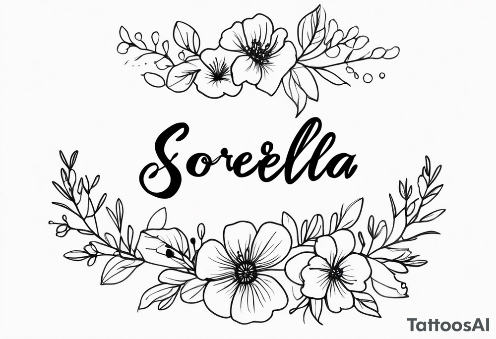 sister tattoo with october and september birth flowers with the word sorella a straight line cursive font connecting the word to the stems of the flowers small tattoo idea