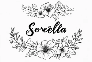 sister tattoo with october and september birth flowers with the word sorella a straight line cursive font connecting the word to the stems of the flowers small tattoo idea