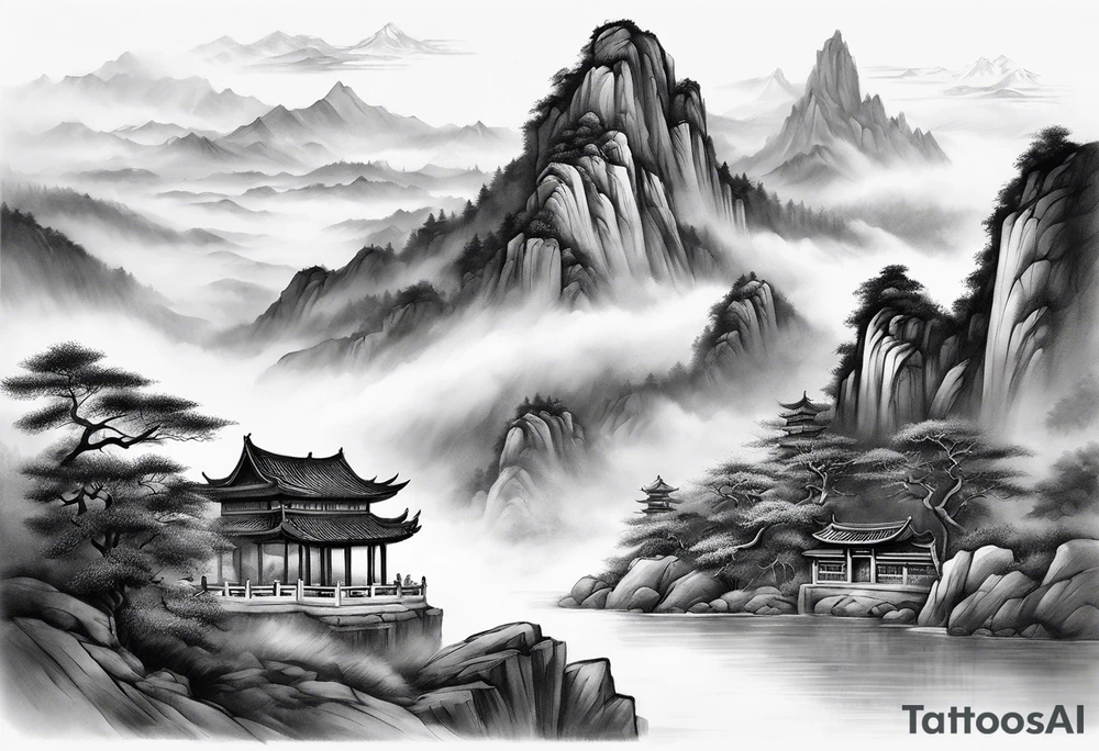 forearm sleeve traditional chinese art painting style autumn mountains mist fog water Chinese temple female with pony tail wearing robes seated meditating in the distance tattoo idea