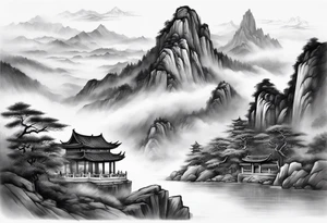 forearm sleeve traditional chinese art painting style autumn mountains mist fog water Chinese temple female with pony tail wearing robes seated meditating in the distance tattoo idea