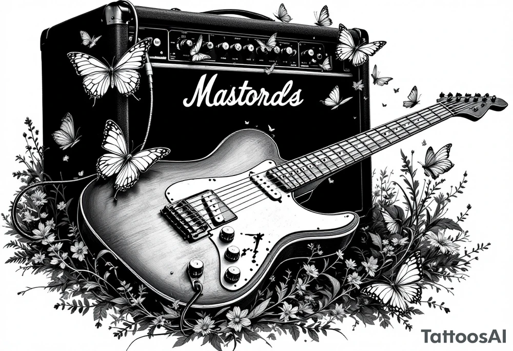 An electric guitar plugged into an amp with butterflies flying around it in memory of tattoo tattoo idea