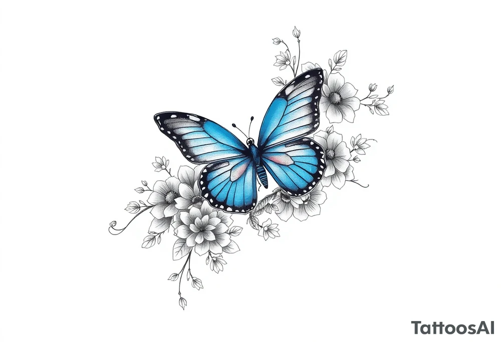 Sleeve/ floral with vines roses and daises large bright blue monarch in center of forearm with floral extending from wrist to mid bicep children’s names written with vines “ amber, Zachary, Justin, Harper, Vivian “ ARM SLEEVE tattoo idea