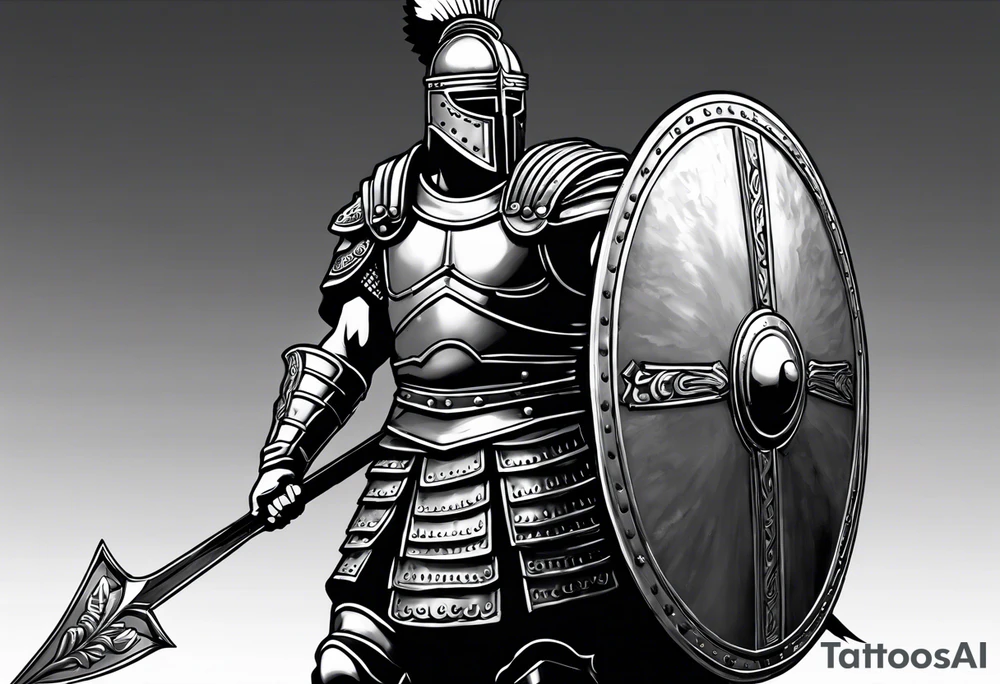high quality black and white illustration, full body image, a strong tall roman centurion, wearing armour, wearing a belt, wearing a metal breastplate, holding a large shield, wearing a helmet, holding a sword. Flaming arrows are being fired at the centurion, he is blocking the arrows with his shield tattoo idea