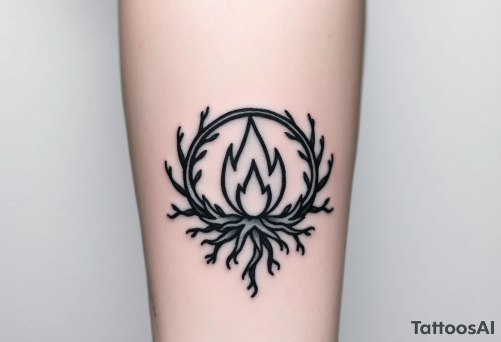 a round flame imprisoned in a roots circle tattoo idea