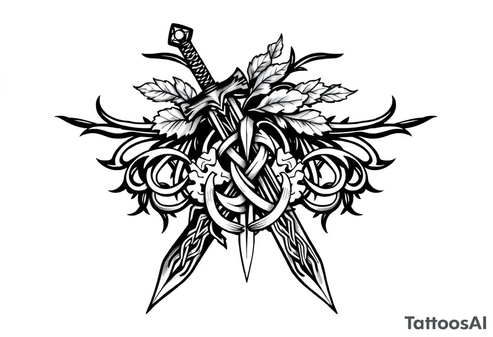 a sword with an overgrown Celtic knot band infused with nature tattoo idea