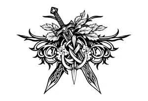 a sword with an overgrown Celtic knot band infused with nature tattoo idea