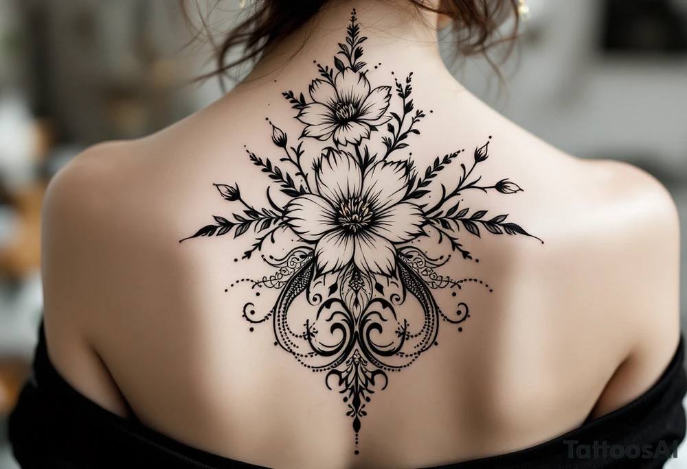 full back tattoo
	1.	Cherry Blossom Flow (Central Spine): A cascading cherry blossom flowing vertically along the spine to cover the central portion of the existing tattoo. Symmetrical patterns inspired by ornamental designs, with intricate curves and dotwork extending outward from the base of the spine. These elements should balance the floral motif and enhance the lower back area with a decorative, feminine flair.
	3.	Dotwork and Contouring: Delicate linework and dot patterns should be added around the floral design to give texture and seamlessly blend the tattoo with the surrounding skin. The ornamentation should curve naturally along the shape of the body, creating a cohesive, elegant look. tattoo idea