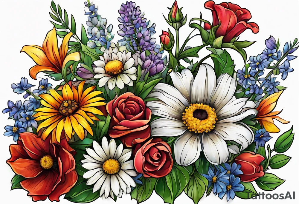 saturated mixed wildflower bouquet with greenery and detailed with color tattoo idea