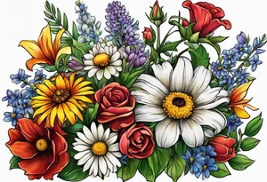 saturated mixed wildflower bouquet with greenery and detailed with color tattoo idea