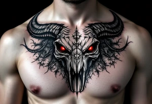 Abstract looking angry taurus skull chest tattoo with red eyes, taurus symbol in between eyes tattoo idea