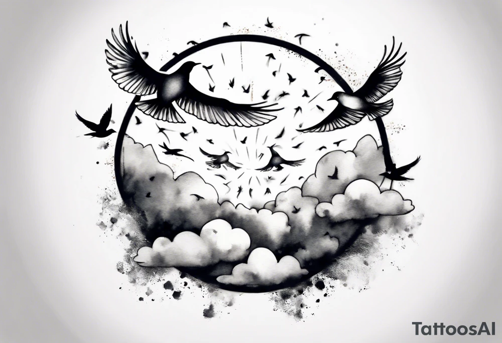 shoulder tattoo with light rays with birds flying free among the clouds, round shape, 3d effect tattoo idea shoulder tattoo with light rays with birds flying free among the clouds, round shape, 3d effect tattoo idea