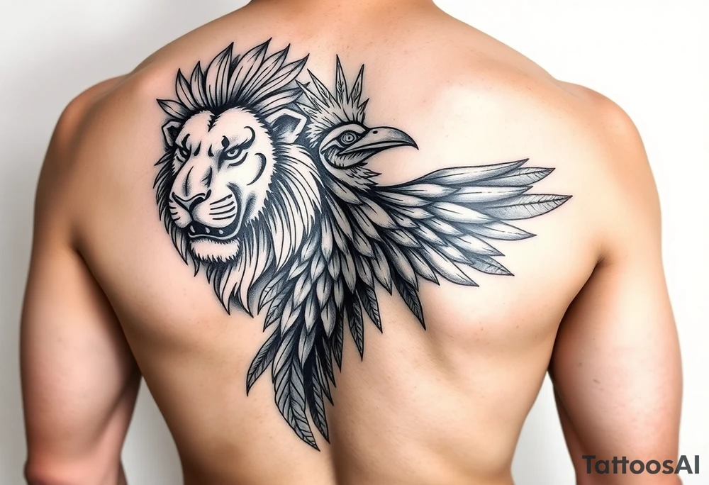 powerful majestic lion quetzal bird with long feathers and mayan tribal signs tattoo idea