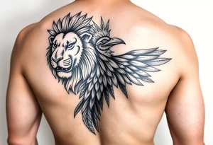 powerful majestic lion quetzal bird with long feathers and mayan tribal signs tattoo idea