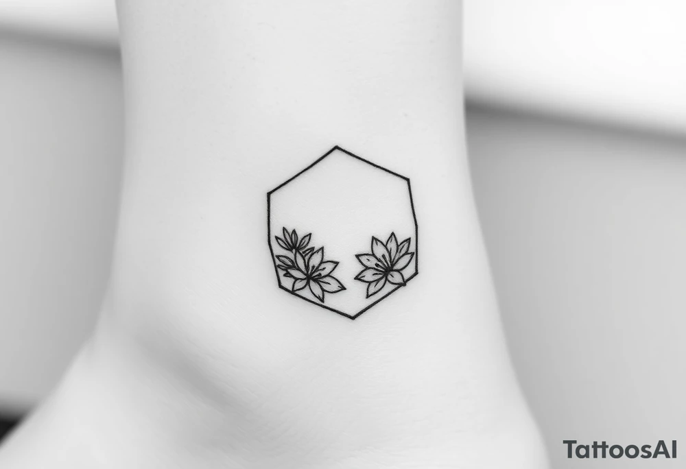 Hexagon with a constellation sign for Leo, larkspur and water lilies in the center tattoo idea