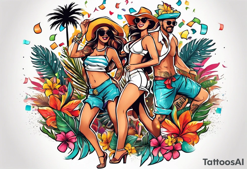 vintage beach dance party with music and confetti, tropical drinks tattoo idea