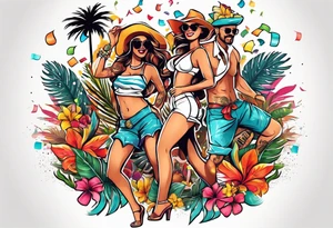 vintage beach dance party with music and confetti, tropical drinks tattoo idea