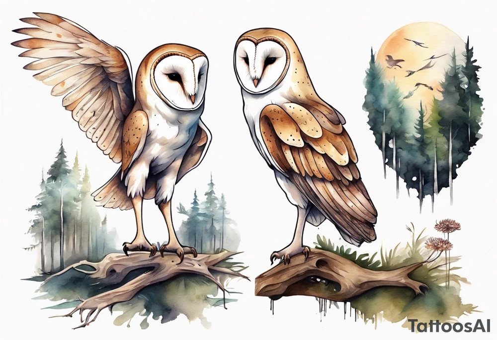 a barn owl with the legs of a stork walking a forest path tattoo idea